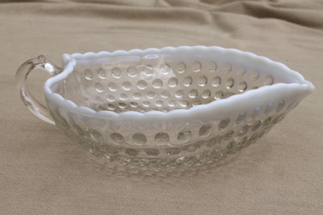 photo of vintage moonstone opalescent hobnail glass candy dish, bowl w/ finger ring handle #2