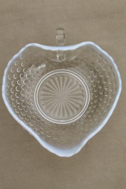 photo of vintage moonstone opalescent hobnail glass candy dish, bowl w/ finger ring handle #3