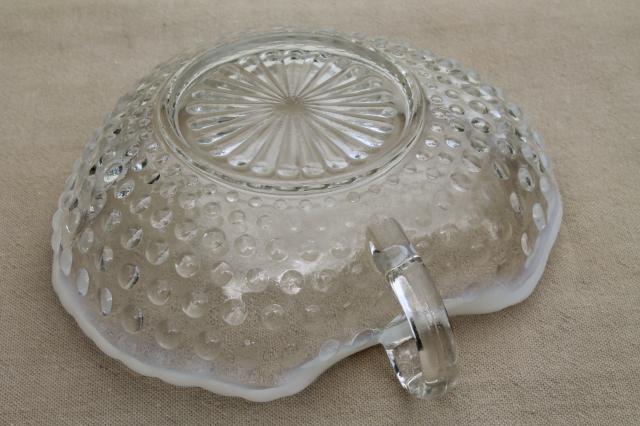 photo of vintage moonstone opalescent hobnail glass candy dish, bowl w/ finger ring handle #4