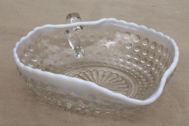 photo of vintage moonstone opalescent hobnail glass candy dish, bowl w/ finger ring handle #5