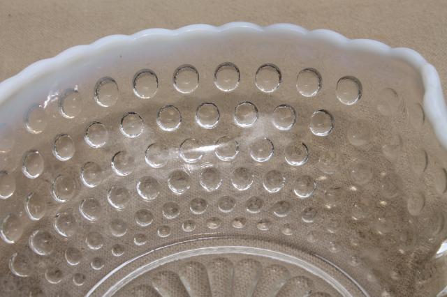 photo of vintage moonstone opalescent hobnail glass candy dish, bowl w/ finger ring handle #6