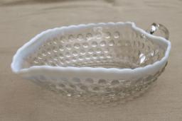 catalog photo of vintage moonstone opalescent hobnail glass candy dish, bowl w/ finger ring handle