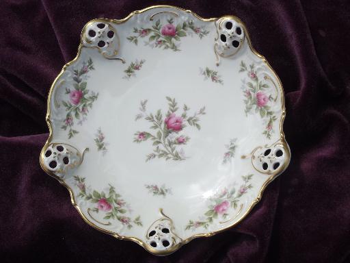 photo of vintage moss rose Rosenthal china bowl, pierced lace edge bonbon dish #1