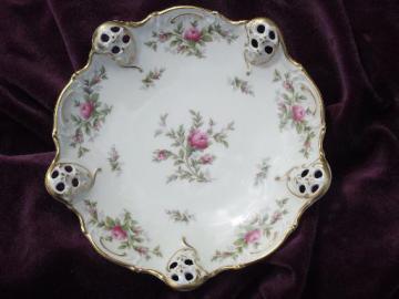 catalog photo of vintage moss rose Rosenthal china bowl, pierced lace edge bonbon dish