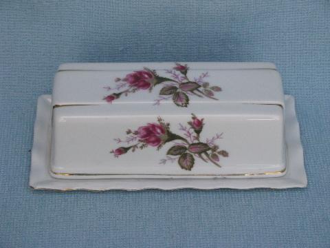 photo of vintage moss rose china covered butter dish, porcelain plate w/ cover #1