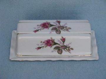 catalog photo of vintage moss rose china covered butter dish, porcelain plate w/ cover