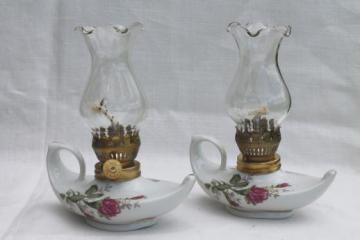 catalog photo of vintage moss rose china oil lamps, pair of miniature fairy light boudoir lamps