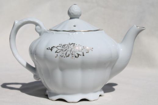 photo of vintage moss rose china teapot, white porcelain tea pot w/ pink roses, made in Japan #3