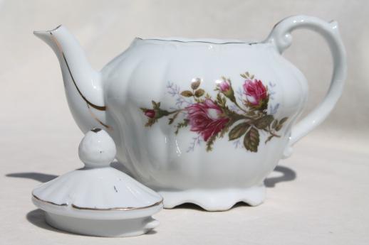 photo of vintage moss rose china teapot, white porcelain tea pot w/ pink roses, made in Japan #5