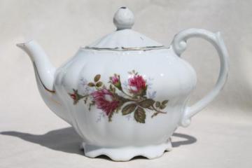 catalog photo of vintage moss rose china teapot, white porcelain tea pot w/ pink roses, made in Japan