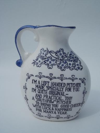 photo of vintage motto china pitcher, left handed southpaw handle for lefties! #1