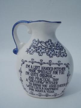 catalog photo of vintage motto china pitcher, left handed southpaw handle for lefties!