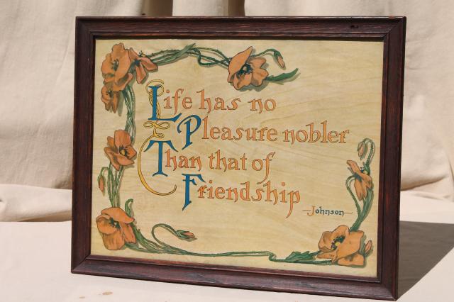 photo of vintage motto print in old oak picture frame, Samuel Johnson quote on friendship #1