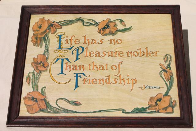 photo of vintage motto print in old oak picture frame, Samuel Johnson quote on friendship #7