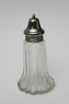 photo of vintage muffineer, large glass jar sugar shaker w/ silver plated lid