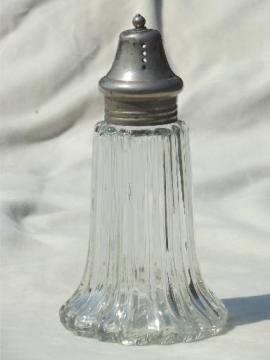 catalog photo of vintage muffineer sugar shaker, pressed glass jar w/ silver shaker lid 