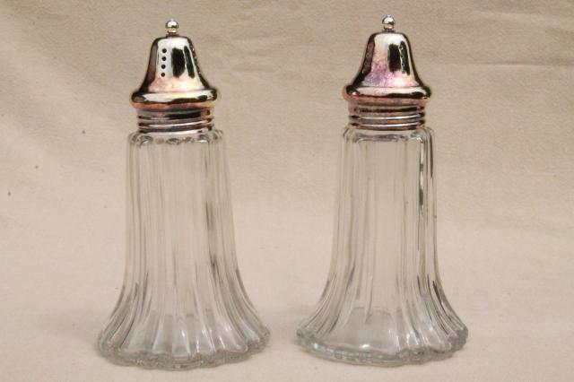 photo of vintage muffineer sugar shakers or salt and pepper shaker set, glass jars w/ silver lids #2