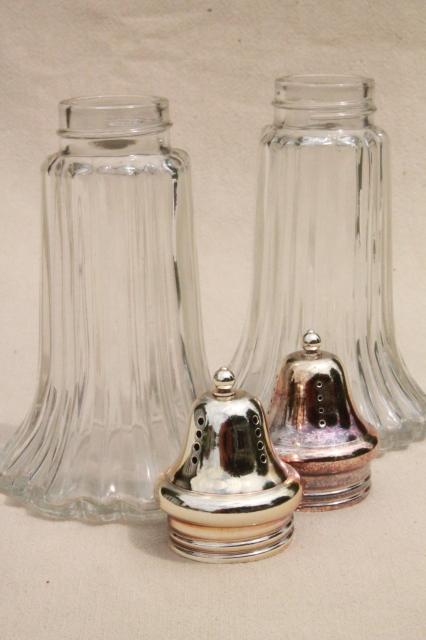 photo of vintage muffineer sugar shakers or salt and pepper shaker set, glass jars w/ silver lids #4
