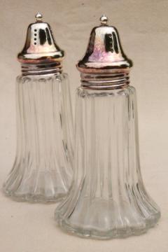 catalog photo of vintage muffineer sugar shakers or salt and pepper shaker set, glass jars w/ silver lids