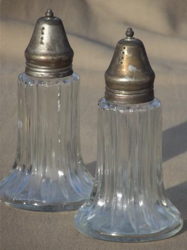 photo of vintage muffineer sugar shakers set, pressed glass jars w/ silver shaker tops #1