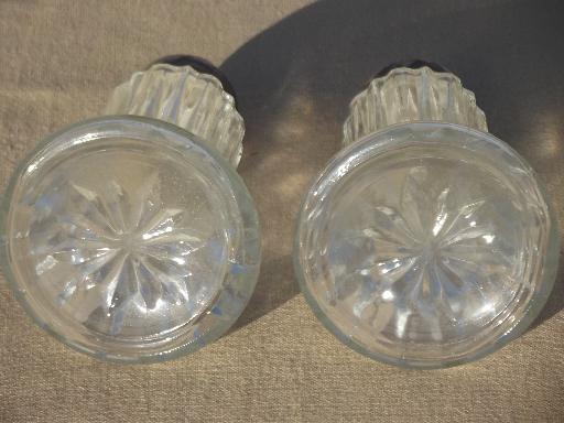 photo of vintage muffineer sugar shakers set, pressed glass jars w/ silver shaker tops #4