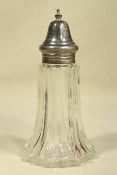 catalog photo of vintage muffineer - tea or breakfast table sugar shaker, glass jar w/ silver plate lid