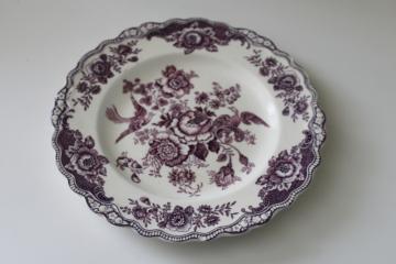 catalog photo of vintage mulberry purple transferware, Crown Ducal Bristol plate birds & flowers 