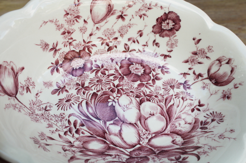 photo of vintage mulberry purple transferware china bowl Johnson Bros Windsor Ware Dover floral #2