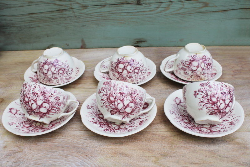 photo of vintage mulberry purple transferware china cups & saucers Johnson Bros Windsor Ware Dover floral #1