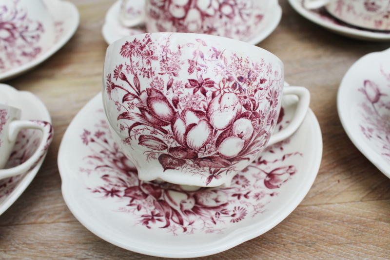 photo of vintage mulberry purple transferware china cups & saucers Johnson Bros Windsor Ware Dover floral #2