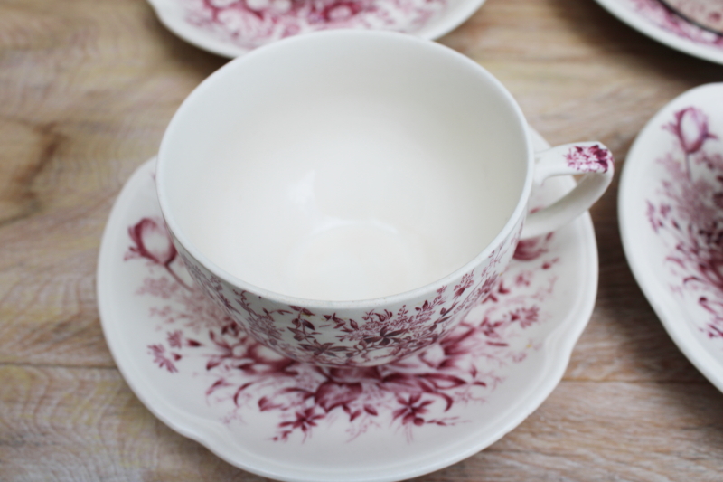 photo of vintage mulberry purple transferware china cups & saucers Johnson Bros Windsor Ware Dover floral #4