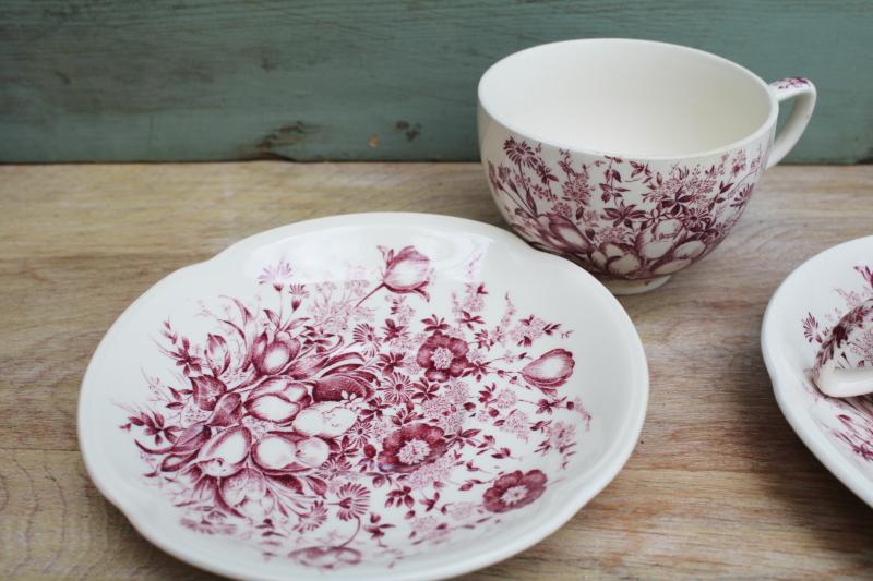 photo of vintage mulberry purple transferware china cups & saucers Johnson Bros Windsor Ware Dover floral #5