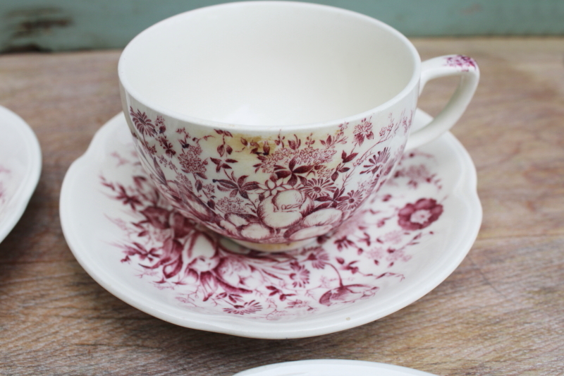 photo of vintage mulberry purple transferware china cups & saucers Johnson Bros Windsor Ware Dover floral #7