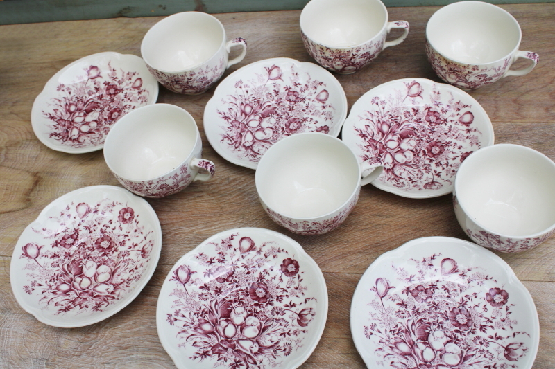 photo of vintage mulberry purple transferware china cups & saucers Johnson Bros Windsor Ware Dover floral #8