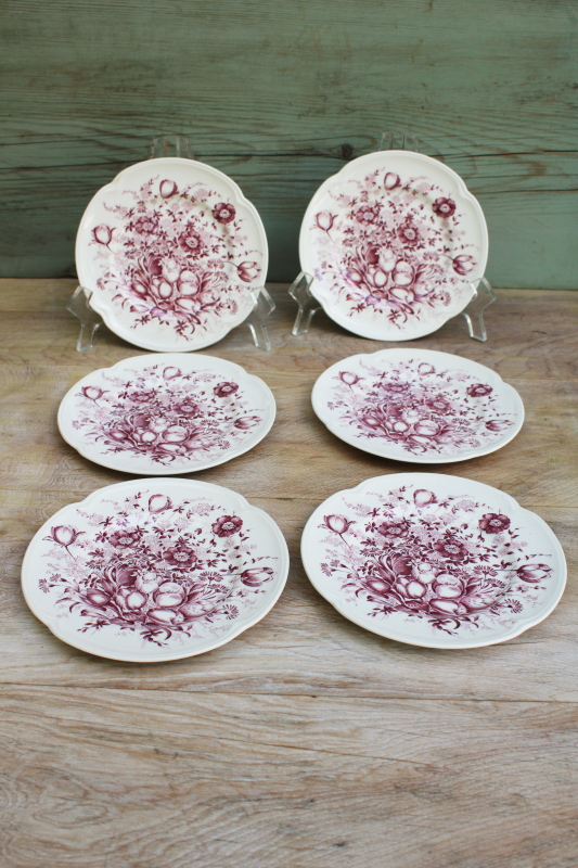 photo of vintage mulberry purple transferware china dessert plates Johnson Bros Windsor Ware Dover floral #1