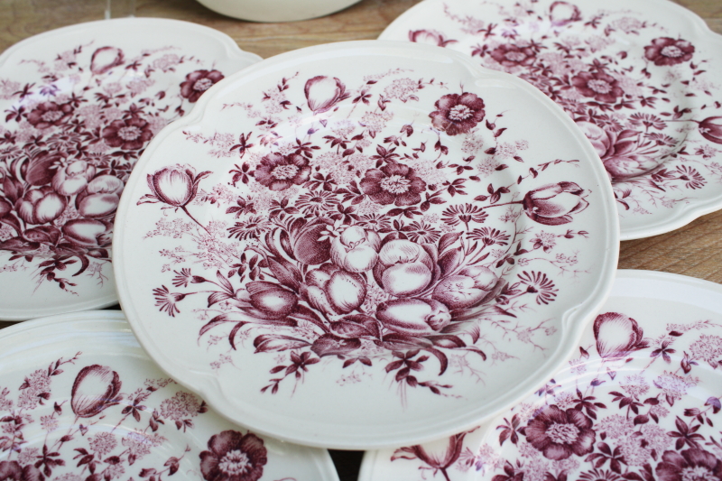 photo of vintage mulberry purple transferware china dessert plates Johnson Bros Windsor Ware Dover floral #2