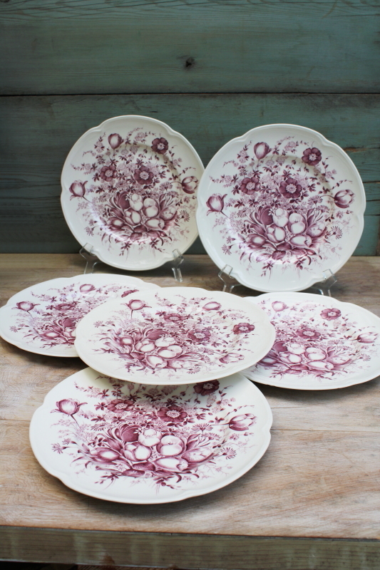 photo of vintage mulberry purple transferware china dinner plates Johnson Bros Windsor Ware Dover floral #1