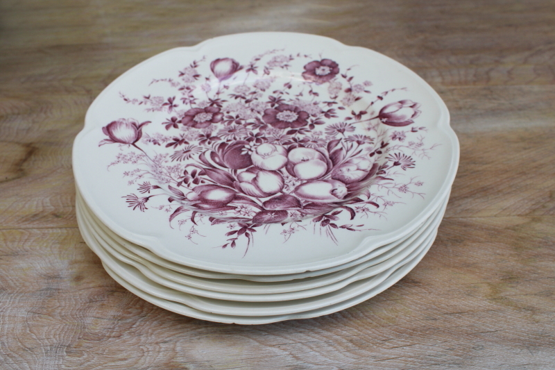 photo of vintage mulberry purple transferware china dinner plates Johnson Bros Windsor Ware Dover floral #2