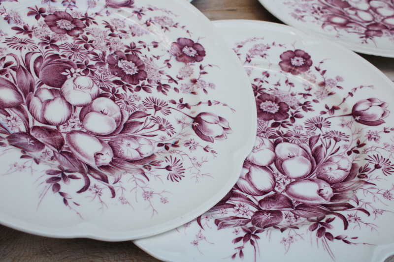 photo of vintage mulberry purple transferware china dinner plates Johnson Bros Windsor Ware Dover floral #3