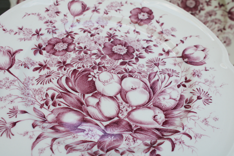 photo of vintage mulberry purple transferware china dinner plates Johnson Bros Windsor Ware Dover floral #4