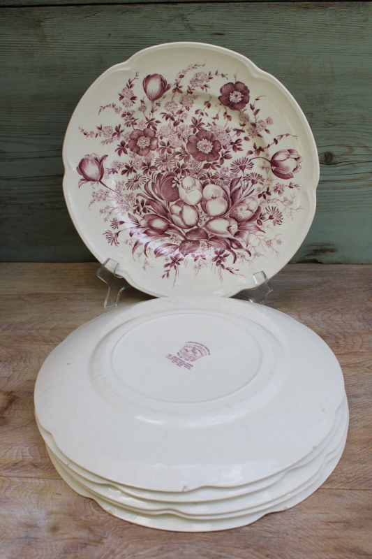 photo of vintage mulberry purple transferware china dinner plates Johnson Bros Windsor Ware Dover floral #10