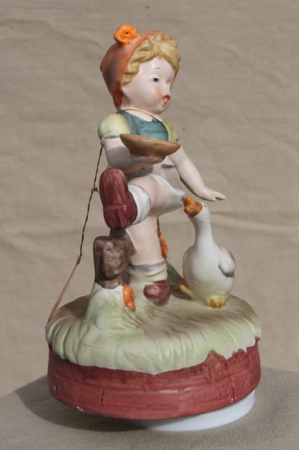 photo of vintage music box, Hummel style little child ceramic goose girl figurine #2