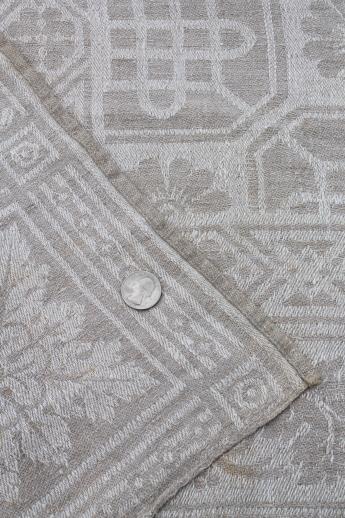 photo of vintage natural flax linen fabric tablecloth, rustic homespun cloth french brocade pattern jacquard #2