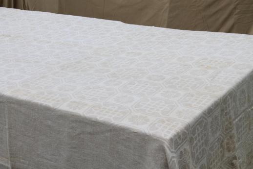 photo of vintage natural flax linen fabric tablecloth, rustic homespun cloth french brocade pattern jacquard #10