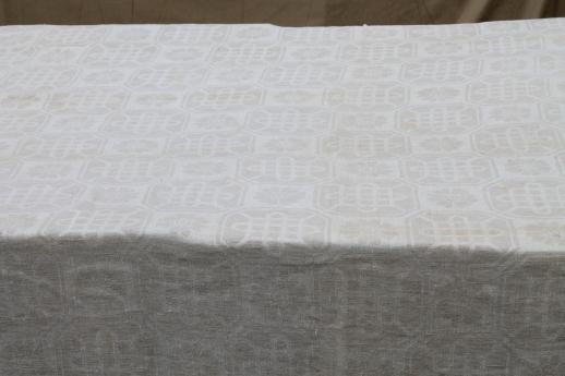 photo of vintage natural flax linen fabric tablecloth, rustic homespun cloth french brocade pattern jacquard #12