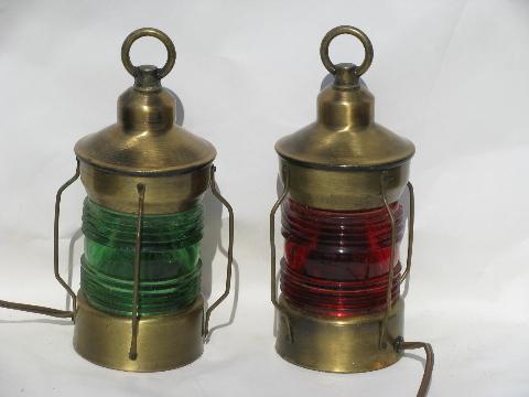 photo of vintage nautical brass lamps, ship or boat signal lanterns, red & green lights #1