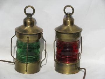 catalog photo of vintage nautical brass lamps, ship or boat signal lanterns, red & green lights