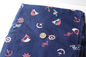 catalog photo of vintage navy blue linen weave fabric w/ red & white sailboats nautical print