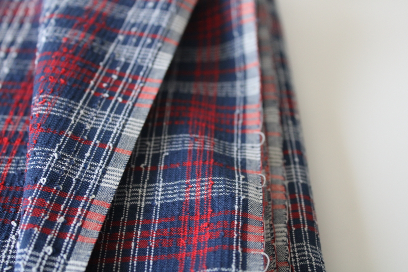photo of vintage navy blue, red & white plaid cotton fabric w/ slubbed dobby weave texture #2
