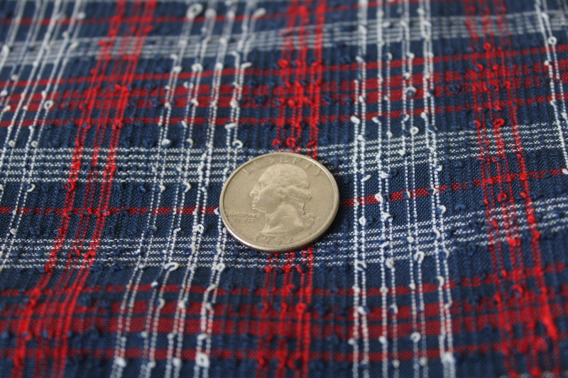 photo of vintage navy blue, red & white plaid cotton fabric w/ slubbed dobby weave texture #3